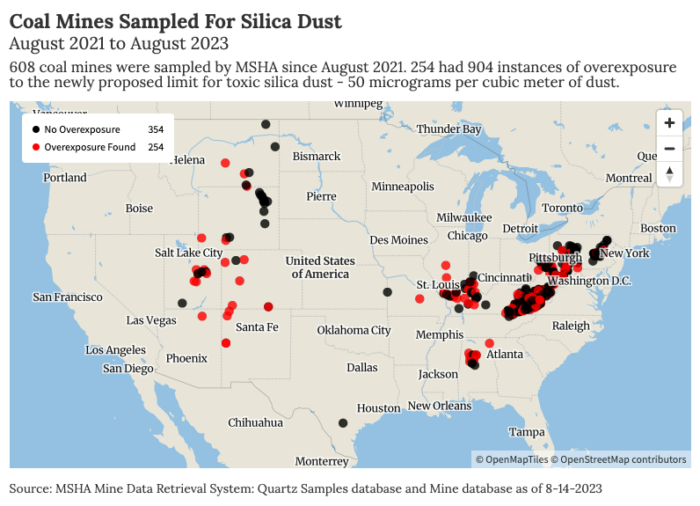 A map of the United States with several dots showing coal mines with silica dust from August 2021 to August 2023.