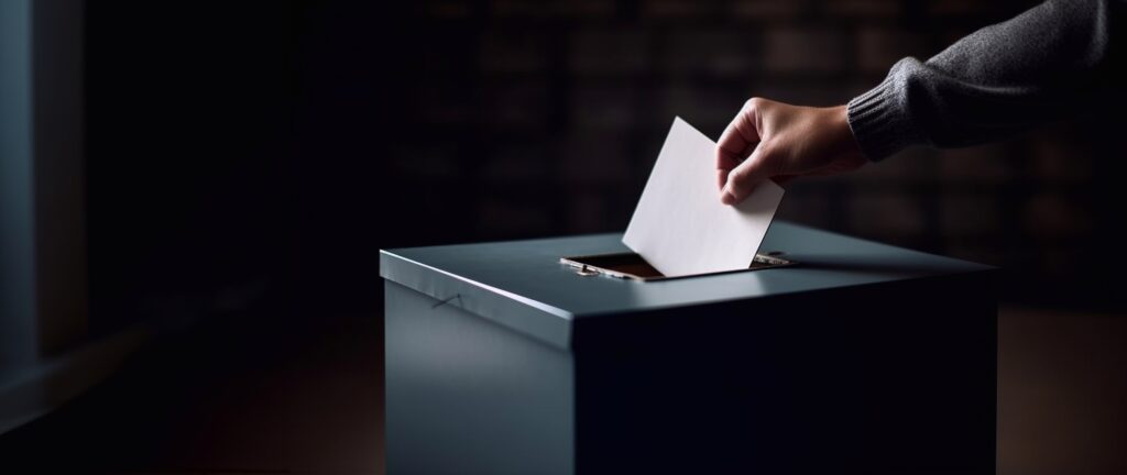 Hand puts paper ballot into voting box