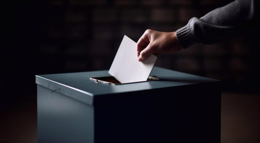 Hand puts paper ballot into voting box