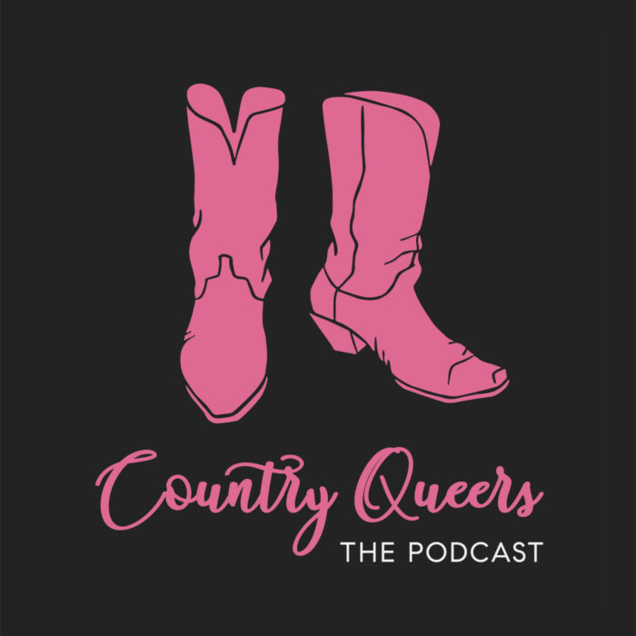 A podcast cover featuring pink cowboy books. On the cover, it reads, "Country Queers The Podcast."