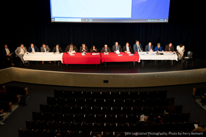A bird's eye view shows a long table with white cloths on either side of a red cloth on the stage of a dark auditorium. All seated at the table are facing the audience, with a large projector screen deployed behind them.