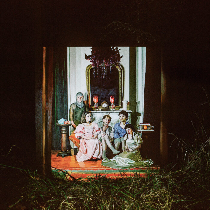 Album art of five individuals standing in a room. The art appears drawn or painted. The individuals look like they're in a box, and grass is around the image.