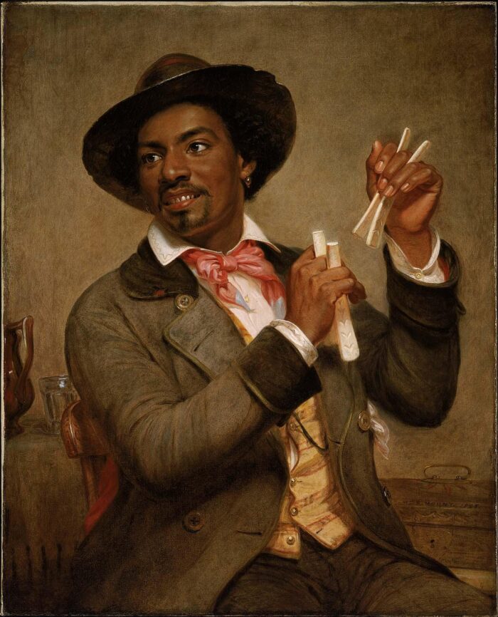 A historic painting of a Black man playing the musical bones. 