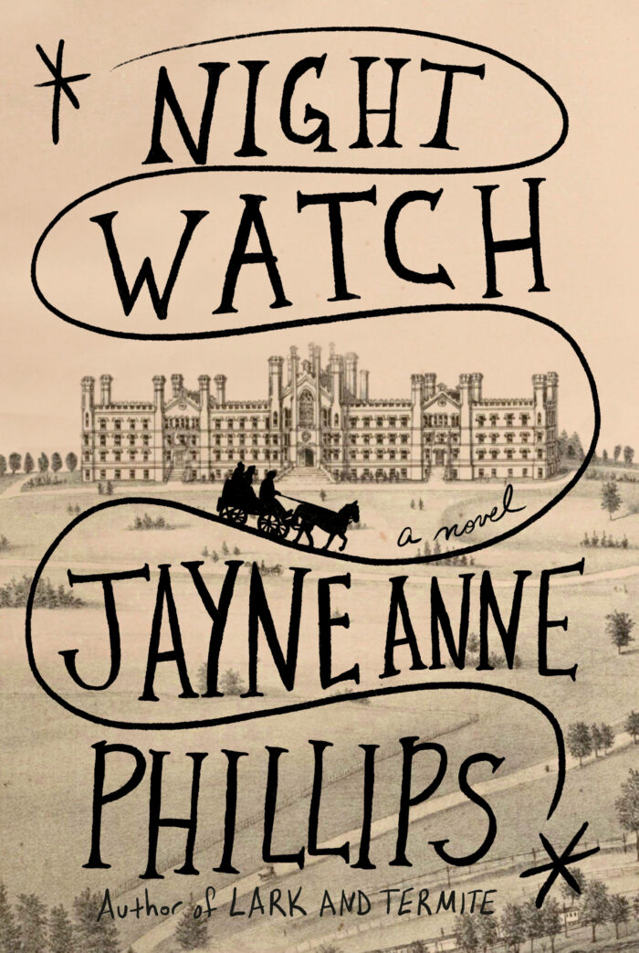 A book cover is shown that reads "Night Watch a novel" by Jayne Anne Phillips. There is a drawing of the cover of a horse pulling a carriage of people. In the distance is a sketch of a city. 