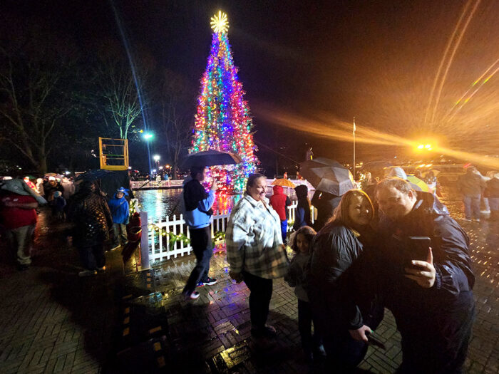People smile and take photos in front of the state tree.