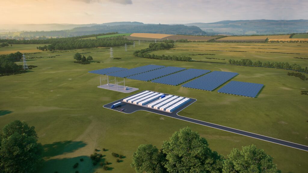 A rendering of a solar and battery storage site.