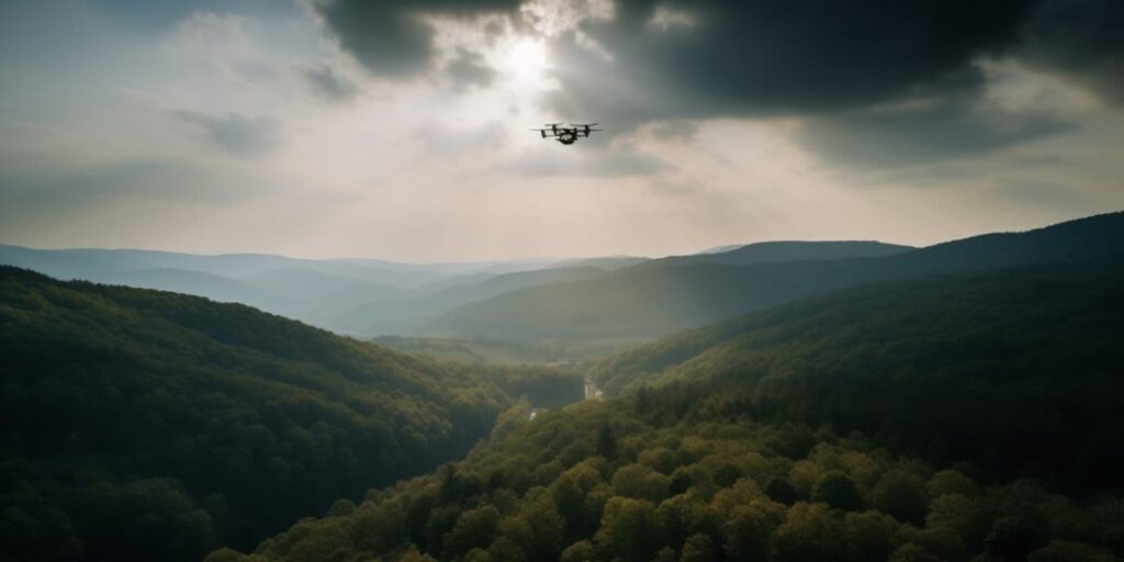 A drone in the distance is seen hovering above green mountains