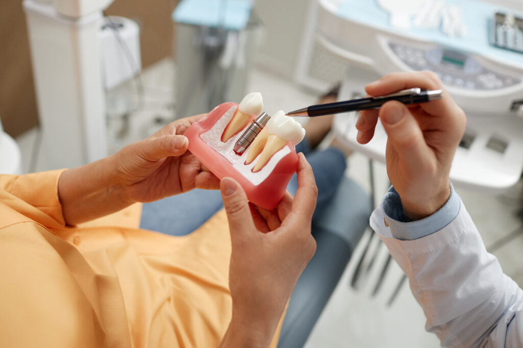 A dentist is shown displaying a model of teeth for a patient.