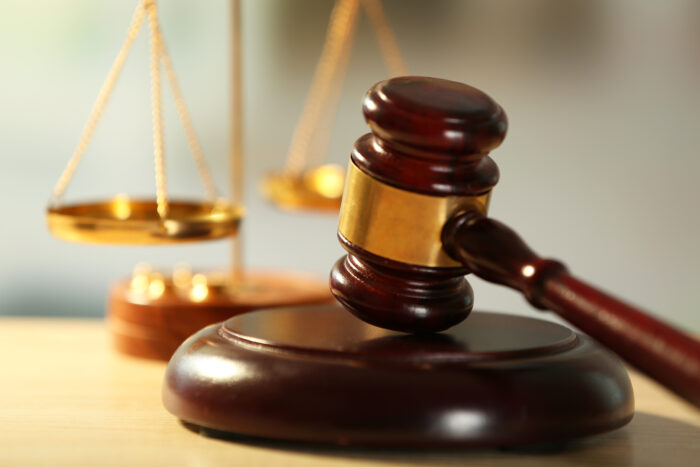 A gavel rests on a wooden block. In the background is a scale representing checks and balances.
