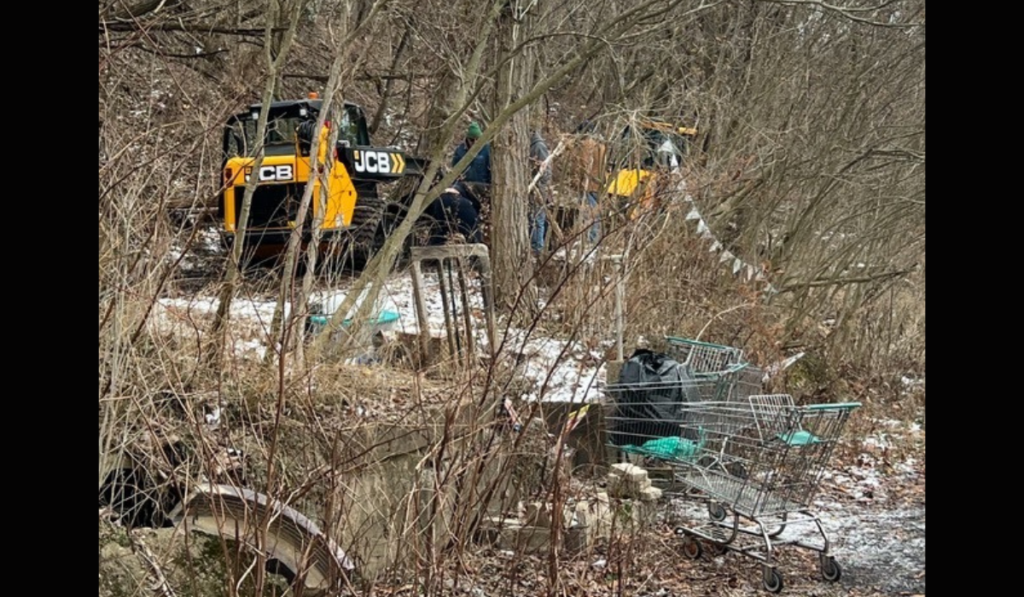 The yellow of two heavy construction equipment machines can be seen through the trees. In the foreground are two empty shopping carts. Men can also be seen between the two machines.