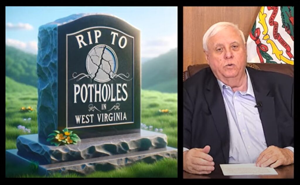 Governor Jim Justice delivers a livestreamed speech beside an AI-generated headstone, inscribed with the words "RIP To Potholes."