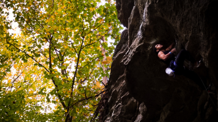 A young man rock climbs. It's a sunny day.