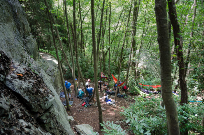 Several climbers are seen resting in hammocks outside in the woods.