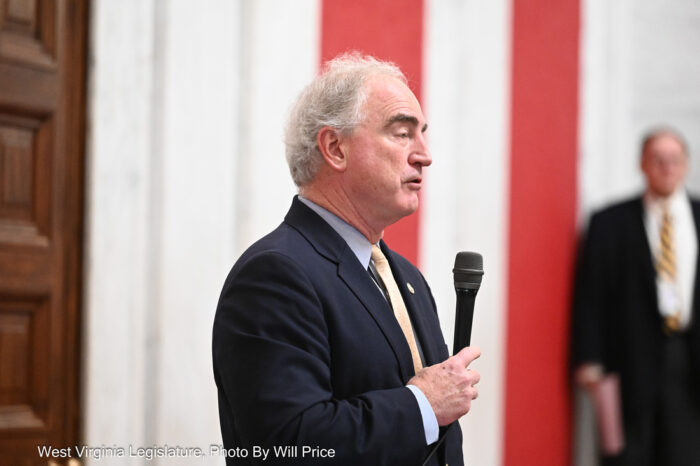 Senator Eric Nelson Jr. stands on the Senate floor and addresses the Senate, microphone in hand. Behind him, the walls of the Senate and an onlooker in a suit are blurred.