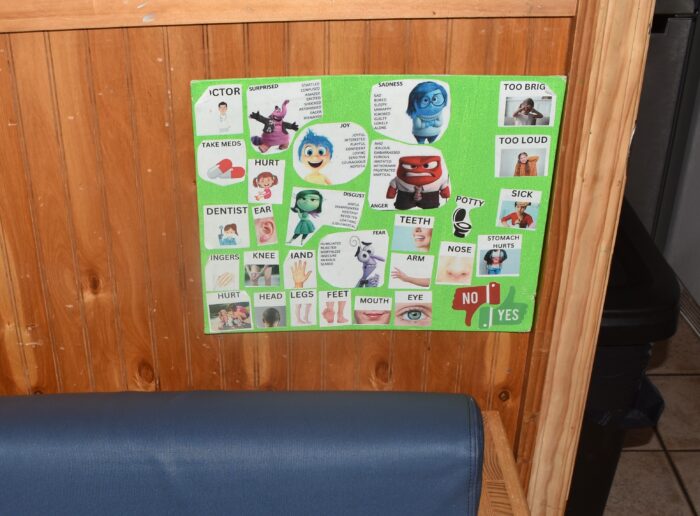 A chart of feelings and emotions with photos to help children express themselves and make their needs known.