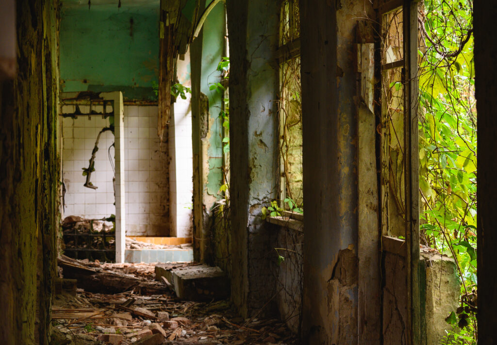 A dilapidated structure is seen. The building appears to be falling apart, while green plants grow in through broken windows.