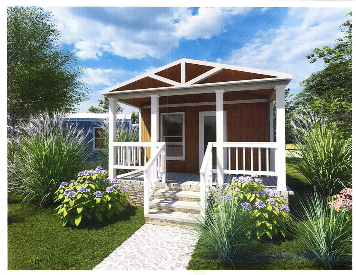 A artist's rendering of a beautiful tiny house with landscaping, featuring flowers, a porch, and a blue, cloudy sky above.