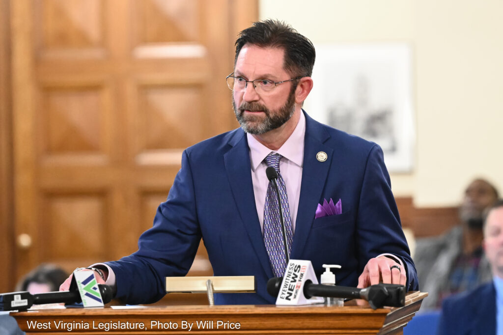 Bearded man in suit speaking at a podium.