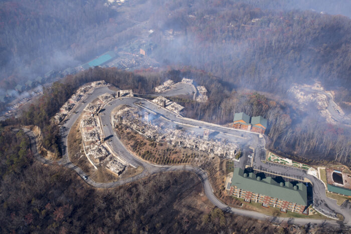 An aerial photo of damage to Gatlinburg, Tennessee, from the 2016 fire that escaped Great Smoky Mountains National Park.