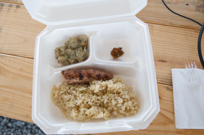 A photo is shown of a Styrofoam to-go plate. Inside is rice, meat, and a vegetable.