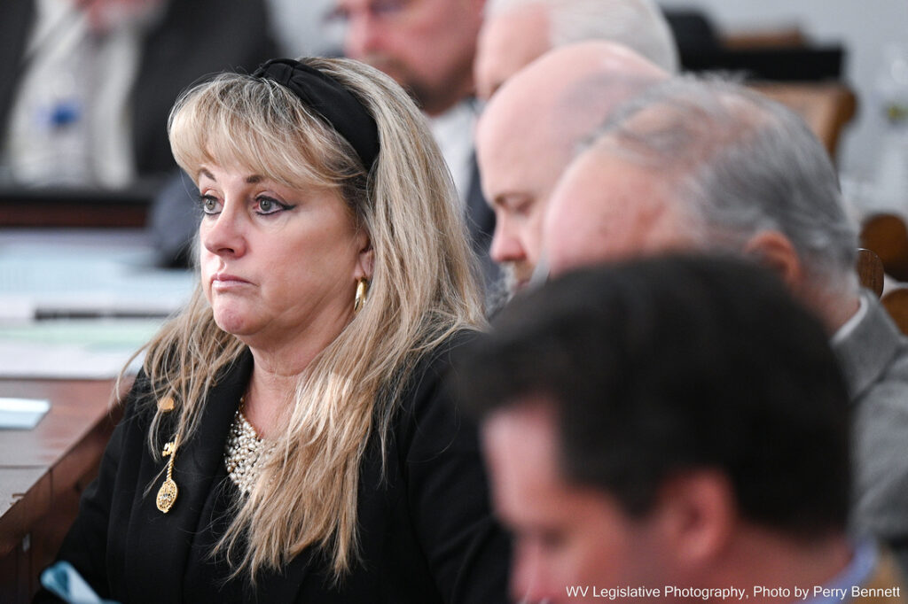 Sporting a black headband, Delegate Laura Kimble sits at a meeting of the House Judiciary Committee beside fellow lawmakers, whose heads are slightly blurred.