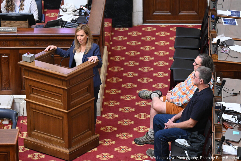 A woman speaks at a podium. Two men sit to her right.