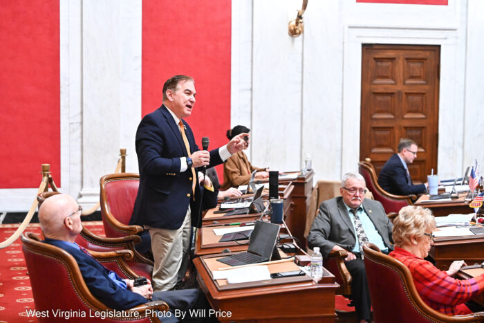 Man stands in a legislature and speaks into a microphone.