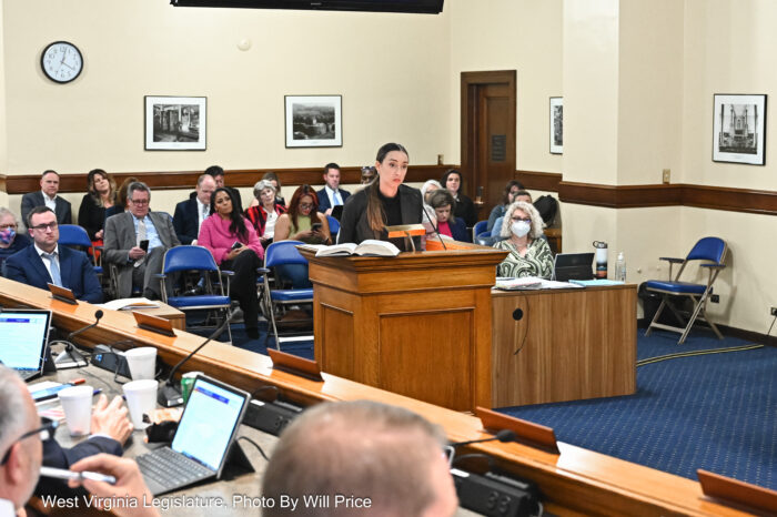 A woman with brown hair wearing a black blazer testifies before a committee from a wooden podium.