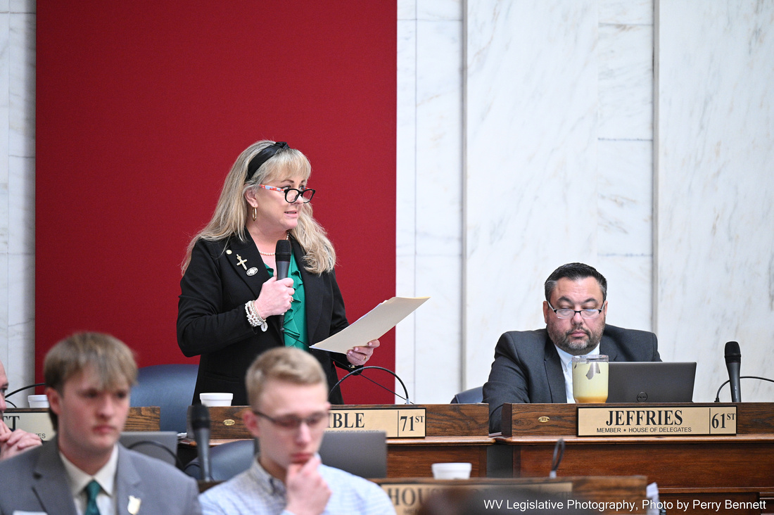 Delegate Laura Kimble reads from a piece of paper at her desk on the House of Delegates floor. Beside her, another delegate looks on.