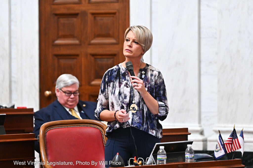 An adult woman with a pixie hair cut and dressy top speaks into a microphone on the Senate floor.