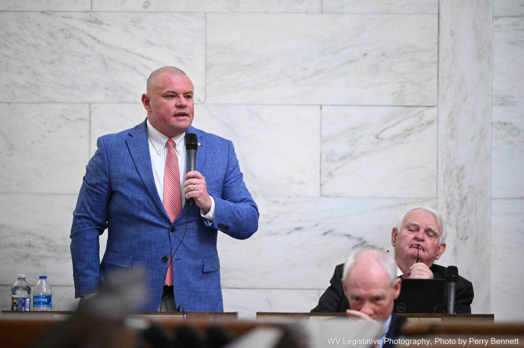 A man wearing a blue suit and red tie stands and speaks with a microphone in the West Virginia House of Delegates.