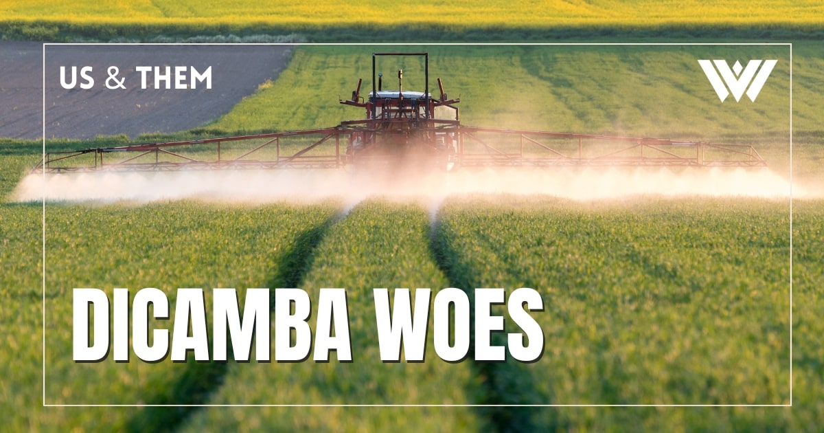 A photograph of a tractor driving through a field and spraying pesticide. On the photograph are the words, "Us & Them Dicamba Wars." In the upper right corner of the image is the West Virginia Public Broadcasting logo.