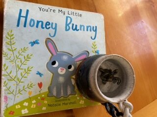 A children's book is shown on a table. There is a small gray rabbit sitting in a patch of grass. The title reads, "You're My Little Honey Bunny" by Natalie Marshall. On top of the book is a handmade mug. Inside the mug features a bunny.