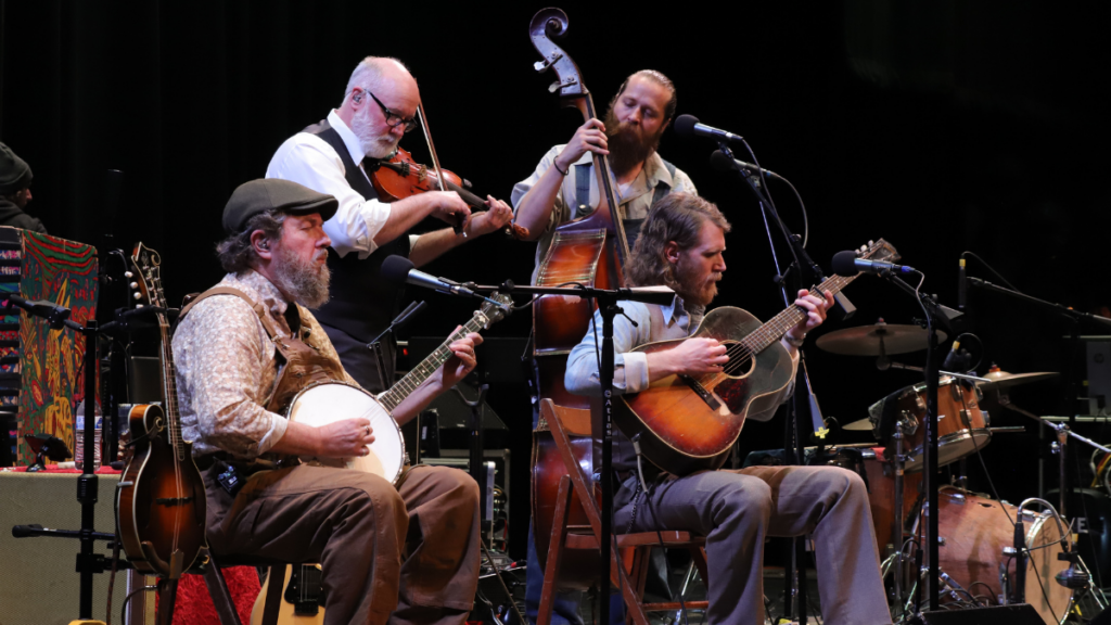 Four people play string instruments like guitars, banjos and violins on a stage.