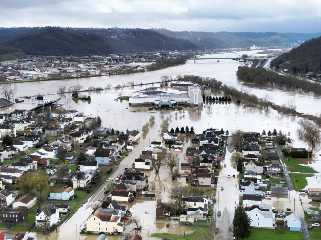 A portion of a city on an island is shown under flood waters in Wheeling, W.Va.