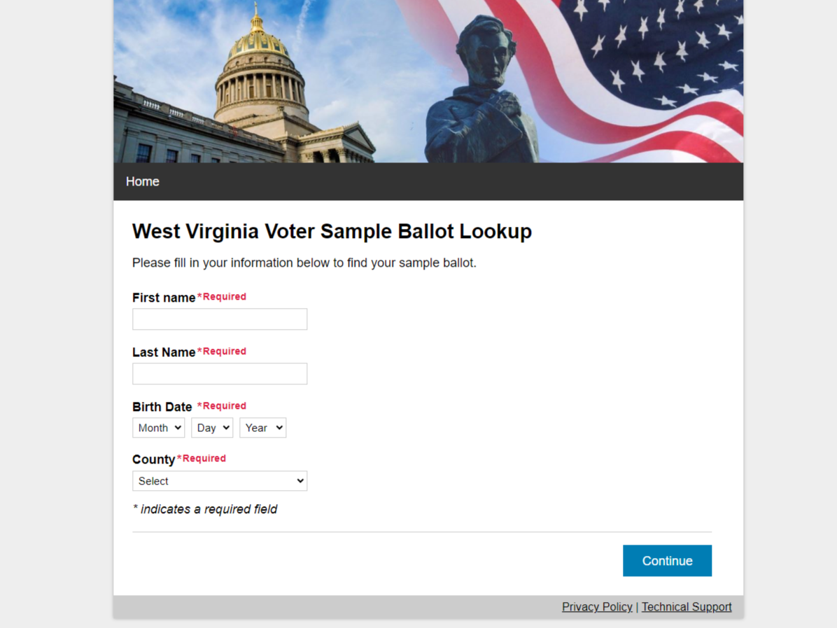 A webpage shows a header image with the West Virginia State Capitol, the American flag and a statue of Abraham Lincoln. Below it, a form reads "West Virginia Voter Sample Ballot Lookup," with input fields for a resident's name, date of birth and address, as well as a submit button.