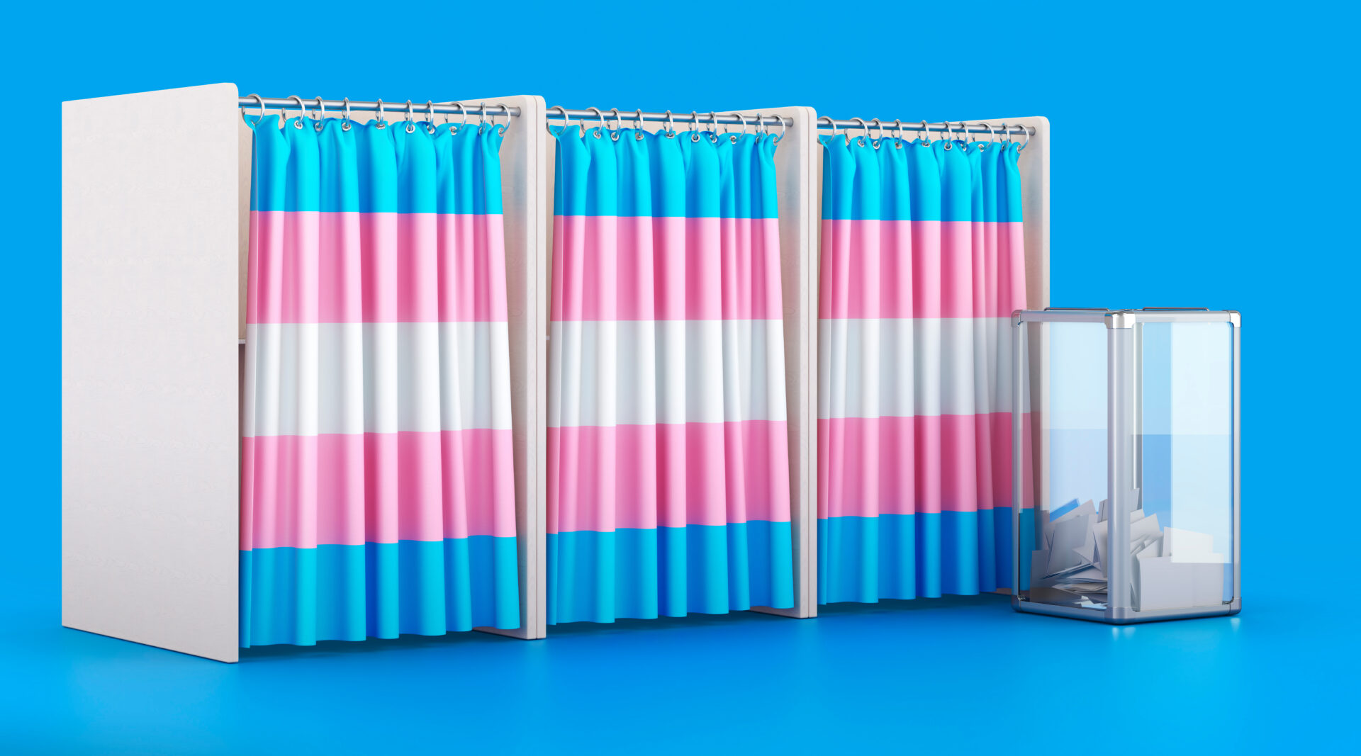 Voting booths with transgender flag and ballot box. A 3D rendering. The transgender flag is blue, pink and white.