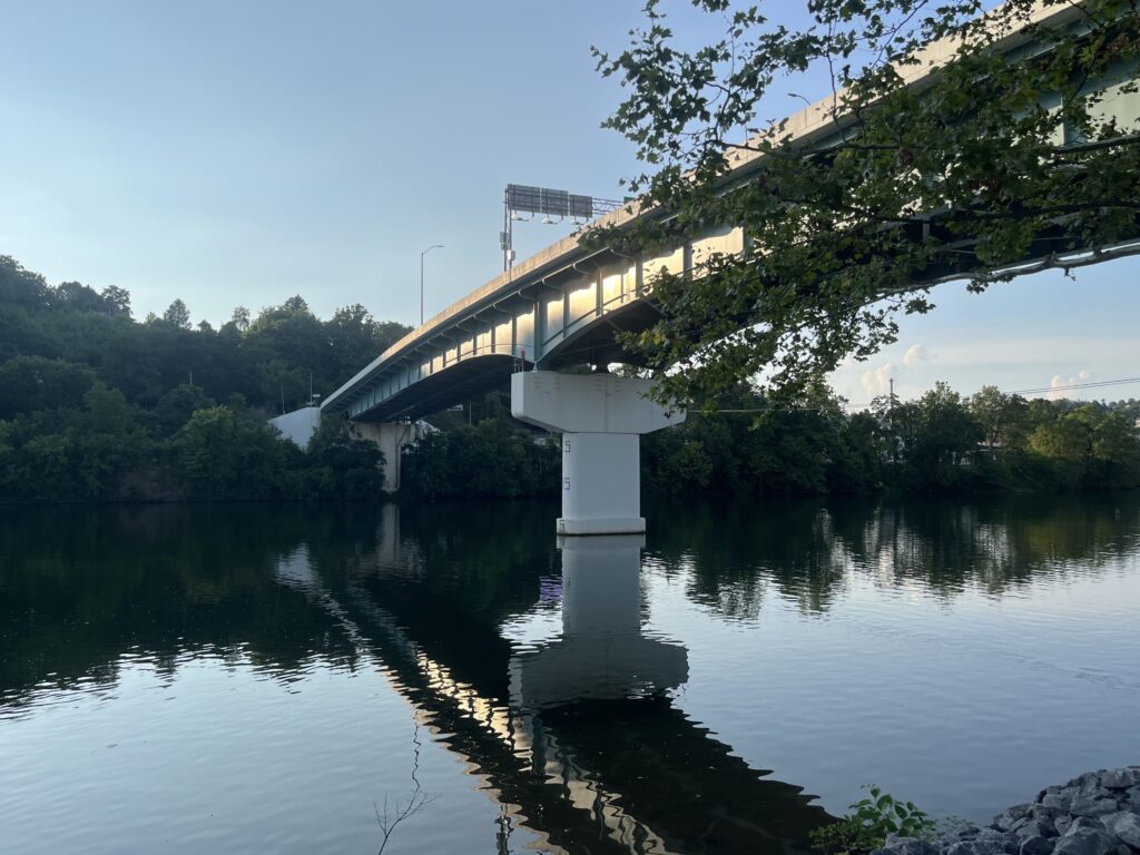 A bridge stretches across the Monongahela River.
