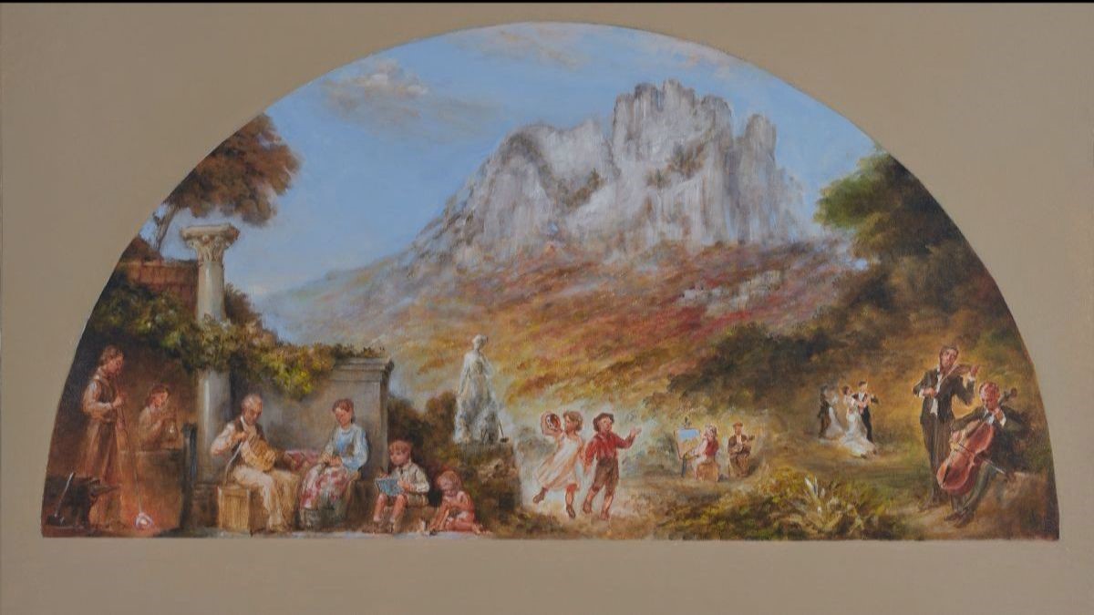 A depiction of a mural featuring 16 different individuals. In the distance, is a mountain, and some of the individuals are playing music and dancing.
