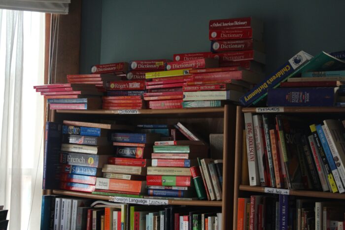 A stack of red books sit on top of a shelf, many with the word "Dictionary" clearly visible on their spines. The red stacks sit in front of a pale green wall. On the shelf below can be seen stacks of language dictionaries, including "French" "German" and "Anglais". A window to the left of the shelves are draped with sheer white curtains and trimmed with light colored wood.