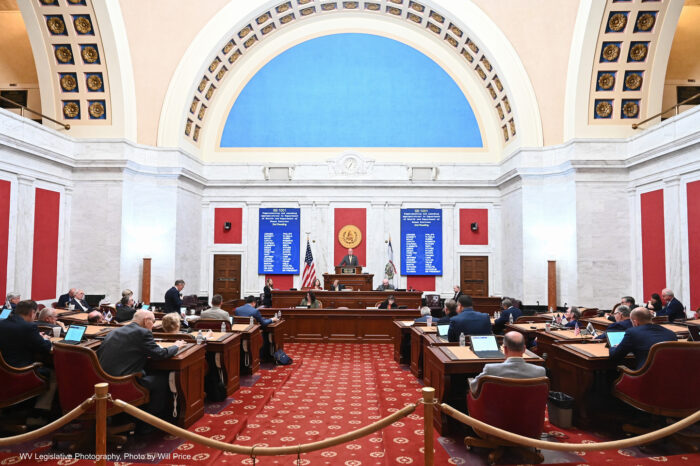 Wide angle shot of a legislative room from behind.
