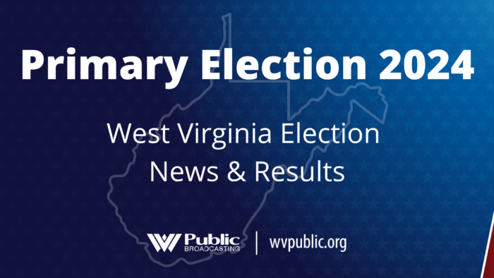 A graphic featuring a dark blue color and the shape of the state of West Virginia. On top of the outline of the shape are the words, "Primary Election 2024 West Virginia Election News & Results." Underneath are the WVPB logo and wvpublic.org.