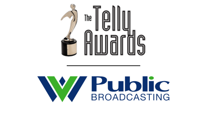 Two graphics are seen on a white background. Separating the graphics is a single black line. The top graphic says "The Telly Awards" and the bottom graphic says, "WV Public Broadcasting."