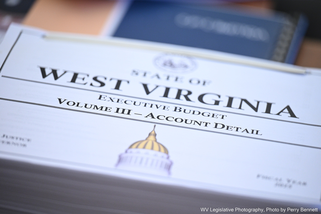 An unopened packet of papers with a cover that reads "State of West Virginia Executive Budget Volume III - Account Detail." On the bottom of the cover is an illustration of the West Virginia State Capitol.