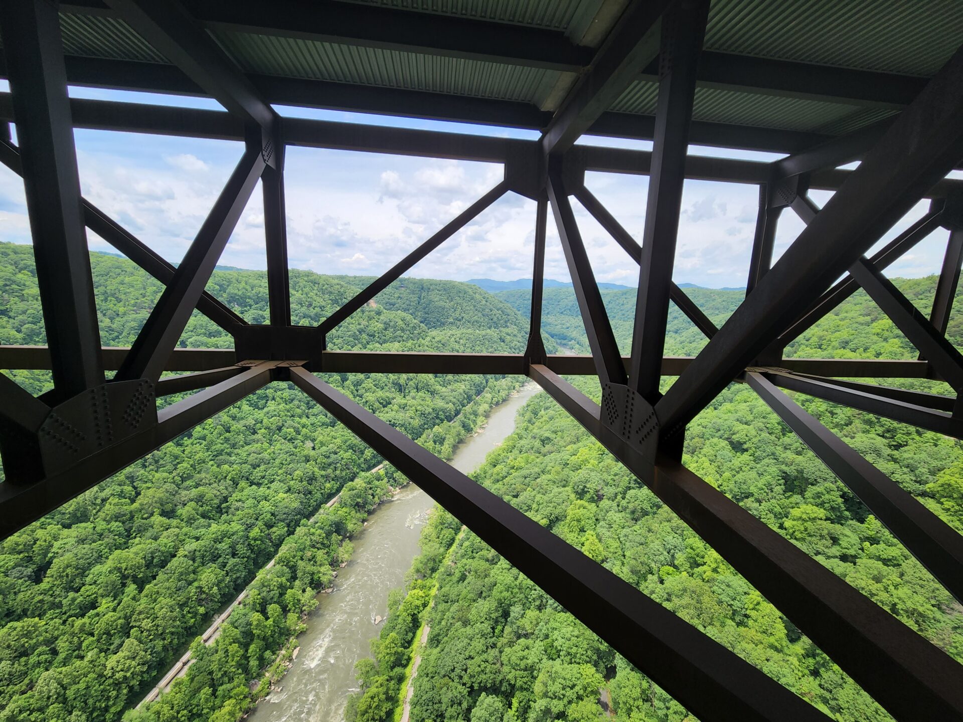 brown steel beams in geometric shapes with the ground far below