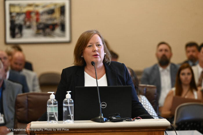 A woman wearing a white blouse and black blazer stands at a wooden podium, speaking to a crowd behind the camera. There are a crowd of people seated behind her listening to her presentation.