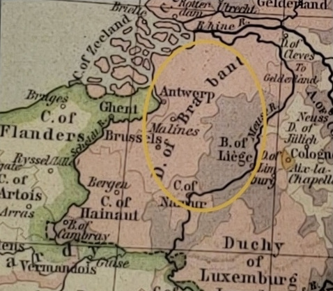 An old European map, noting the location of the Brabant region of Belgium.