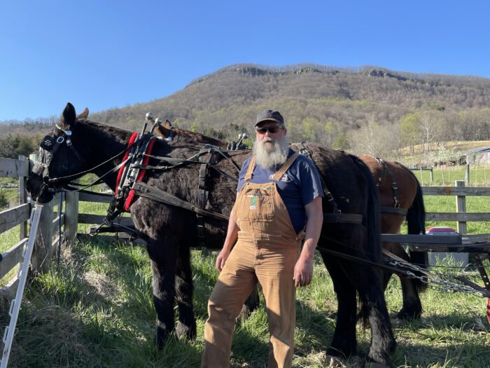 Dressed in overalls and a blue t-shirt, farmer Charlie Lawson stands beside his two horses, which are hitched to farm equipment.