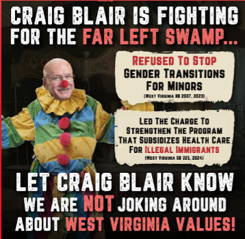 A photoshopped image depicts Craig Blairs head juxtaposed on a clown. A red ball is photoshopped onto his nose. The add says quote Craig Blair is fighting for the far left swamp. It then says at the bottom quote Let Craig Blair Know we are not joking around about West Virginia Values.