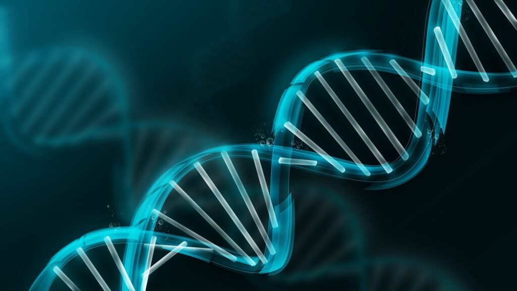 A close-up graphic of a DNA double helix.